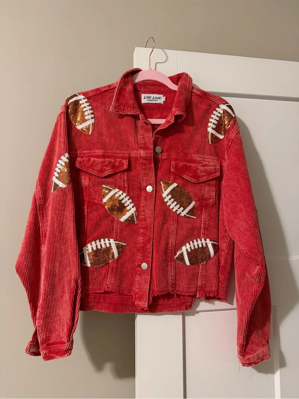 Live Love Red Corduroy Jean Jacket with Football Appliqués